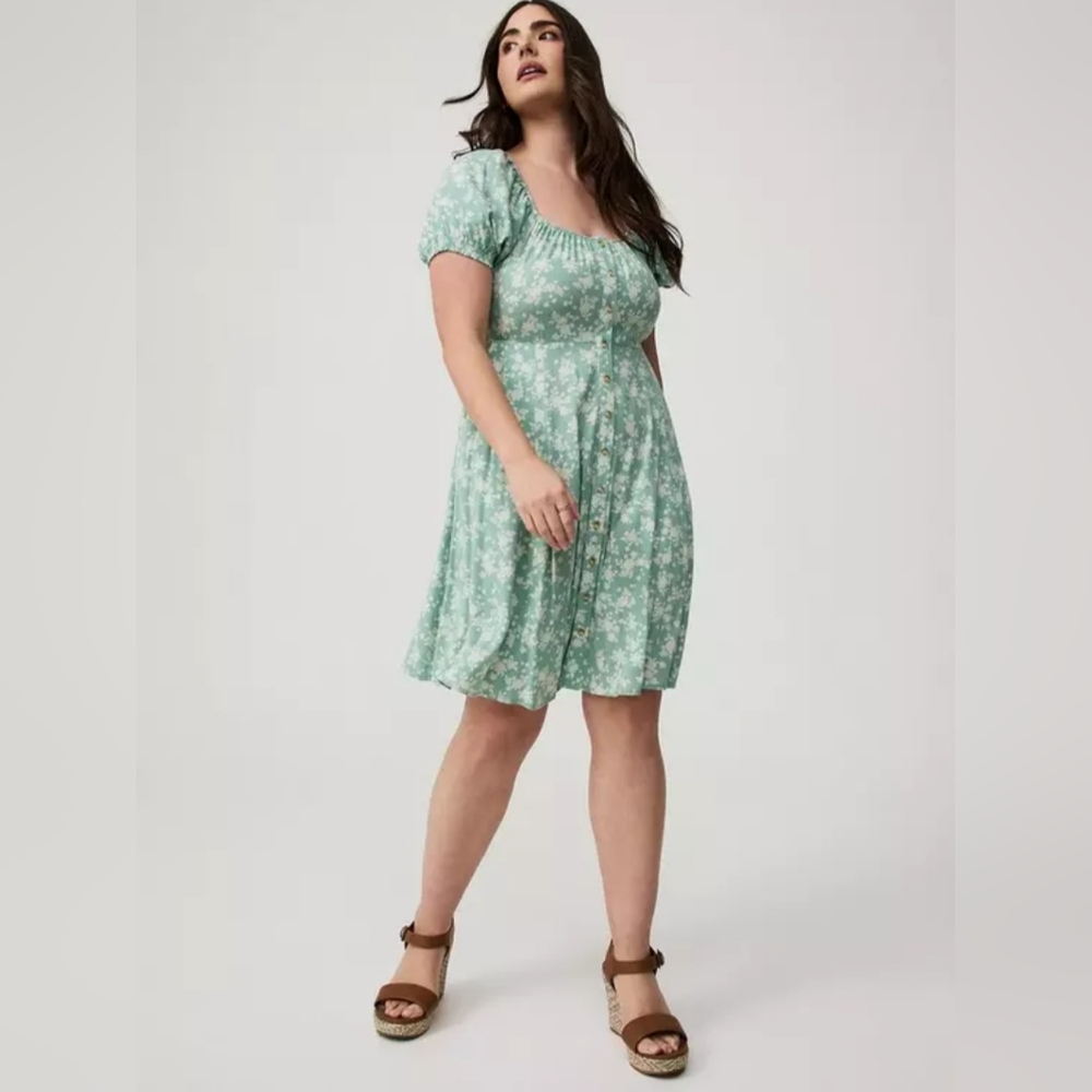 Torrid 1X Floral Mini Dress NWT Mint Green Puff Sleeve Square Neck Cottagecore